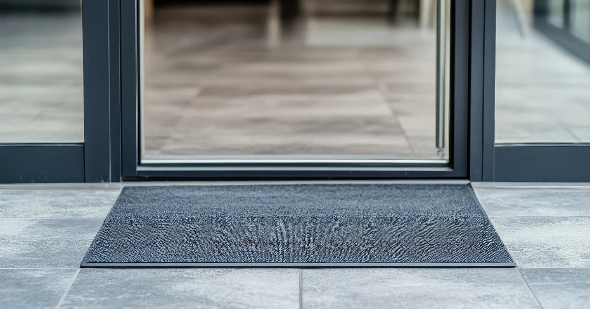 Dark grey rectangular floor mat placed neatly in front of a glass door on a tiled surface.